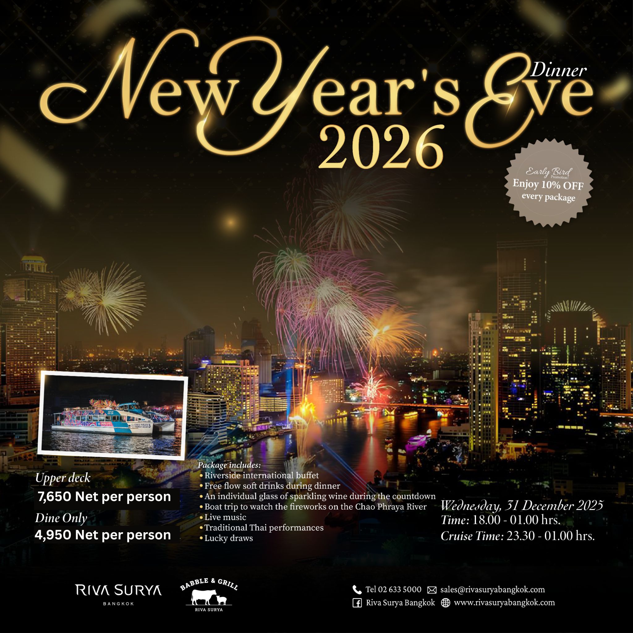 Babble and Grill at Riva Surya Bangkok New Year Eve Dinner 2026 (Upper Deck) 31 Dec - 8:00 PM – 11:00 PM