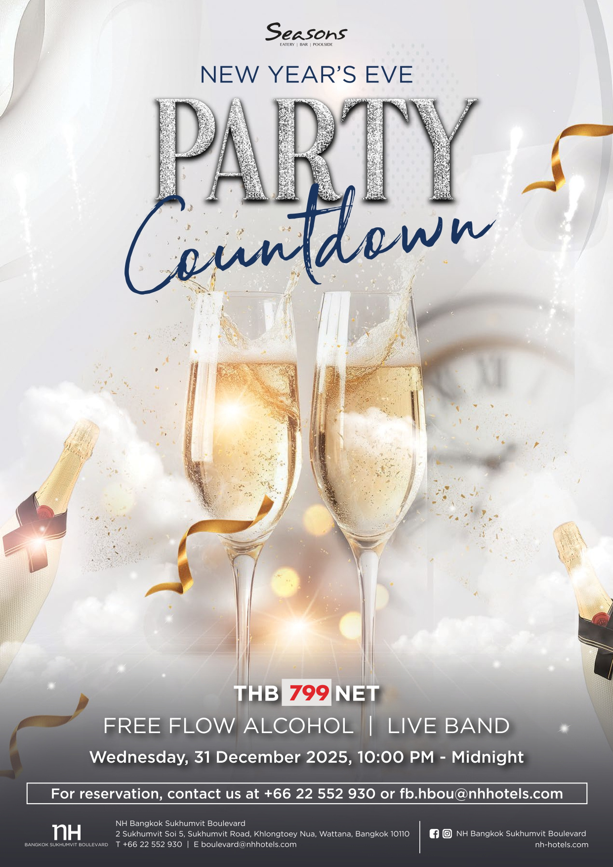SEASONS Eatery Bar Poolside at NH Bangkok Sukhumvit Boulevard New Year’s Eve Party Countdown + Free Flow Alcohol (Dec 31st, 2025) ✨