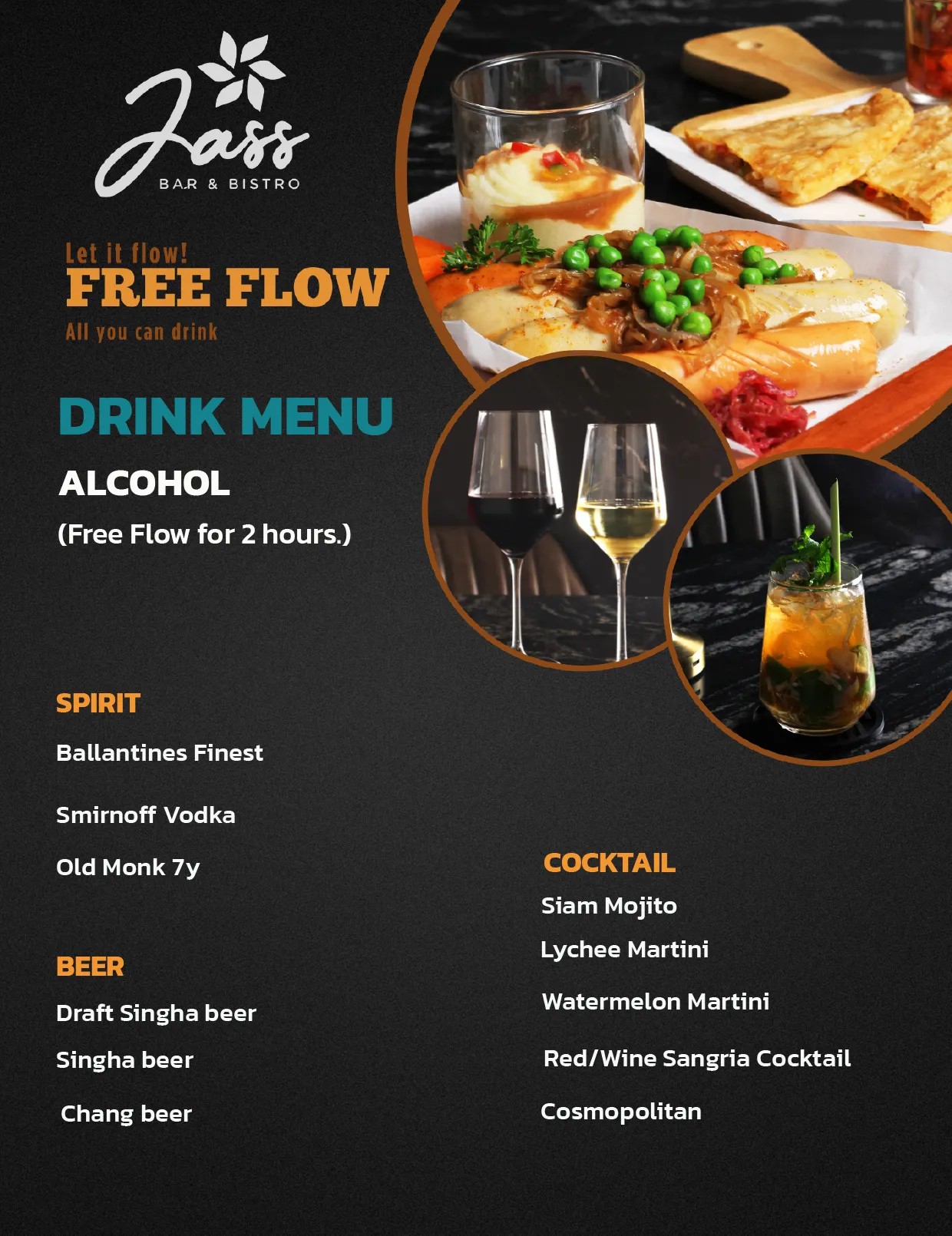 Jass Bar & Bistro at Jasmine Grande Residence (Rama IV) All You Can Drink 2 hours  (Alcohol) + 2 Dishes 